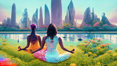 16_Firefly-alien-women-meditate-in-the-flowers-field-and-trees-near-a-river-with-sky-scraper-city-in-ba(1)